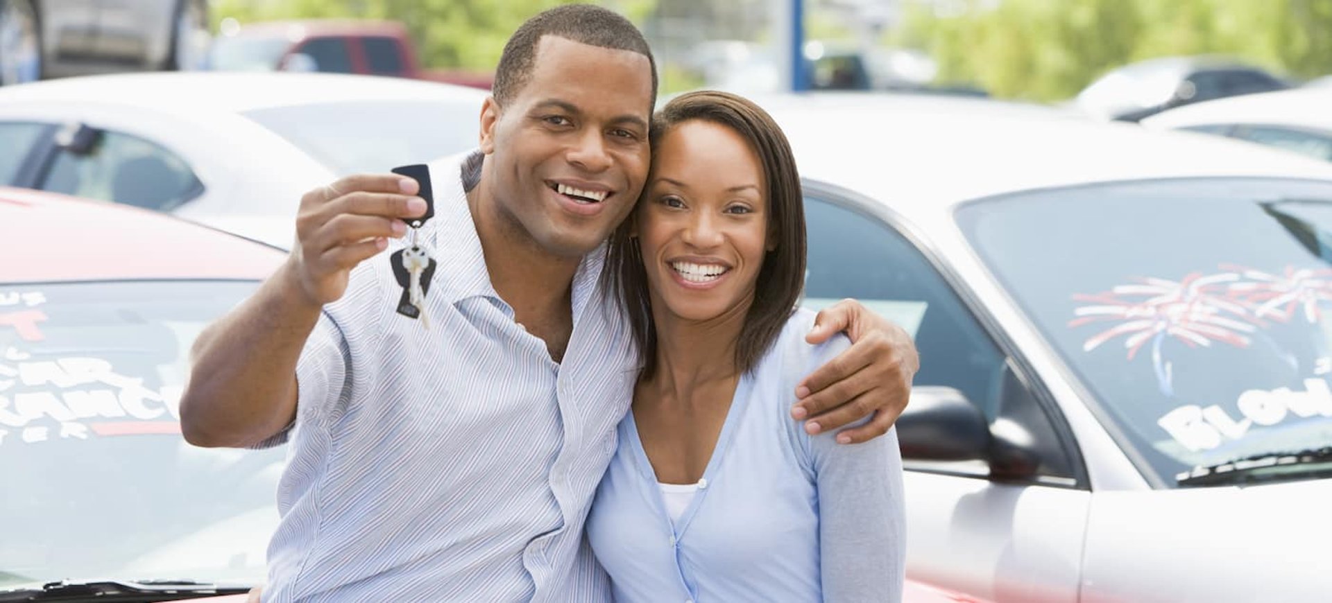 Couple picking up new car from lot